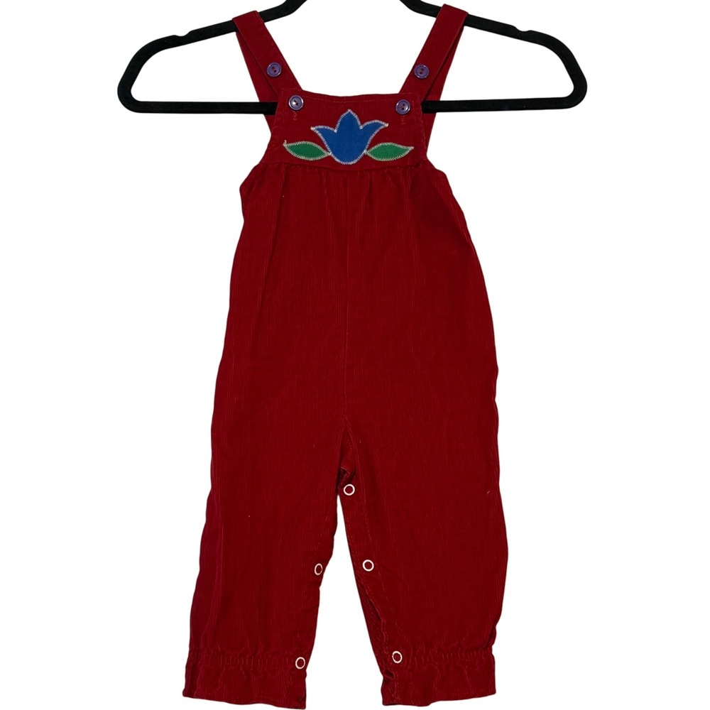 Vintage Sears Kids Corduroy‎ Overalls Red Blue Flower Applique Medium 28-32 lbs